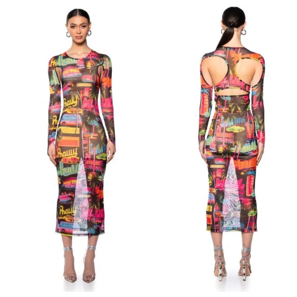 MIAMI VIBES PRINTED MESH MAXI DRESS SIZE MEDIUM NWT